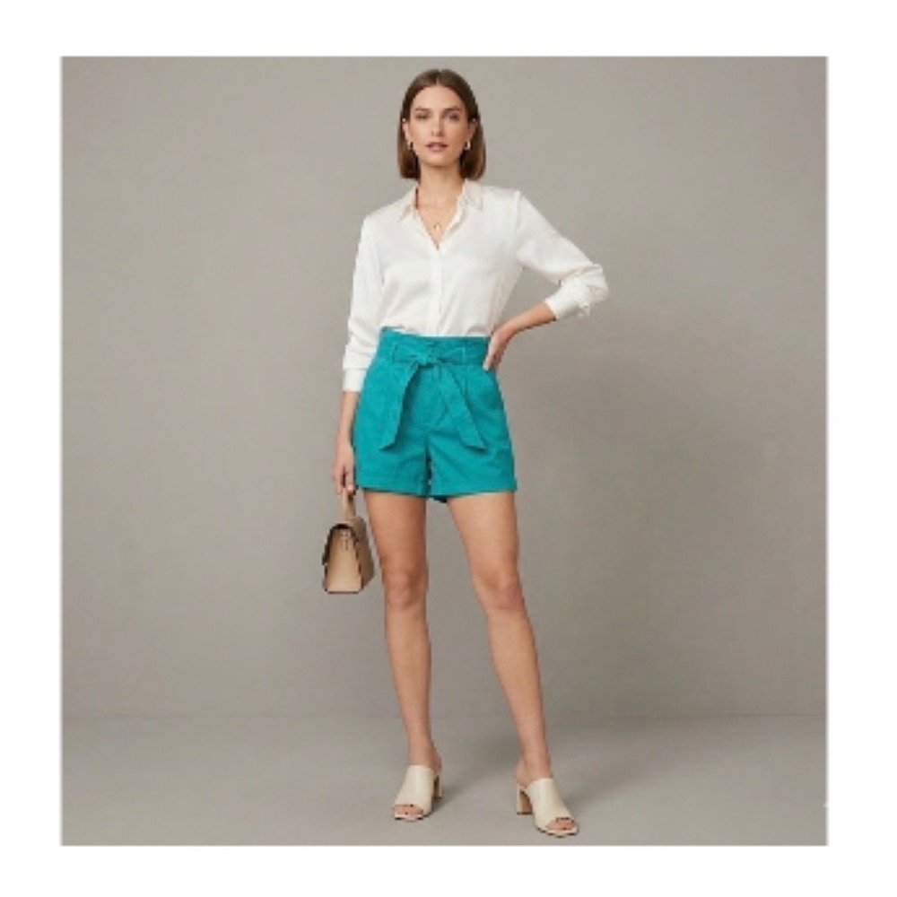 LOFT Teal Green High Waist Tie Belt Paperbag Cuffed Shorts Size 6 NWT